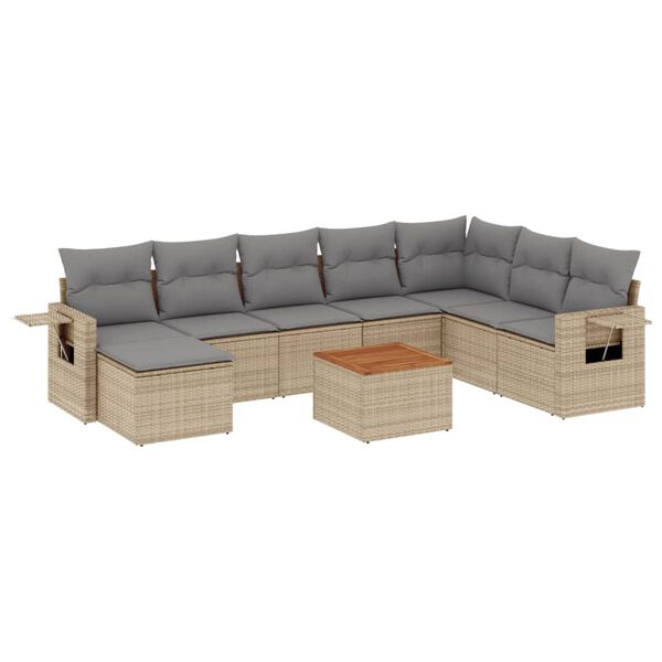 vidaXL 9-delige Loungeset met kussens poly rattan beige