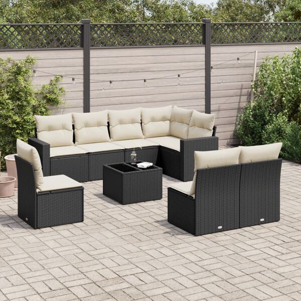 vidaXL 9-delige Loungeset met kussens poly rattan zwart