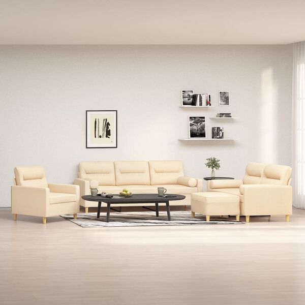 vidaXL 4-delige Loungeset met sierkussens en kussens stof cr&egrave;mekleurig