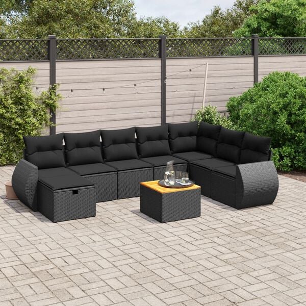 vidaXL 9-delige Loungeset met kussens poly rattan zwart