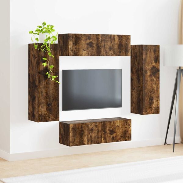 vidaXL TV Wandkast Set Wandgemonteerd 4 pcs Gerookt eiken Bewerkt hout