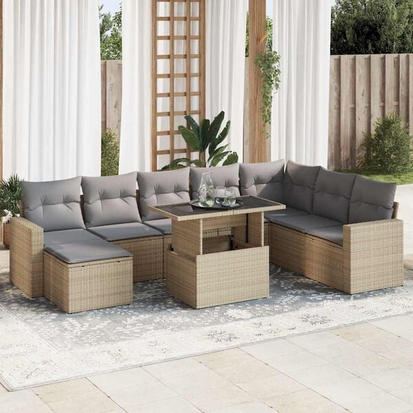 vidaXL 9-delige Loungeset met kussens poly rattan beige