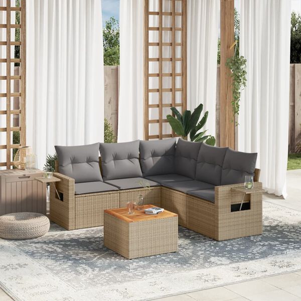 vidaXL 6-delige Loungeset met kussens poly rattan gemengd beige