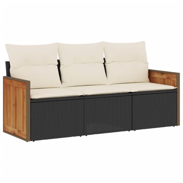 vidaXL 3-delige Loungeset met kussens poly rattan zwart