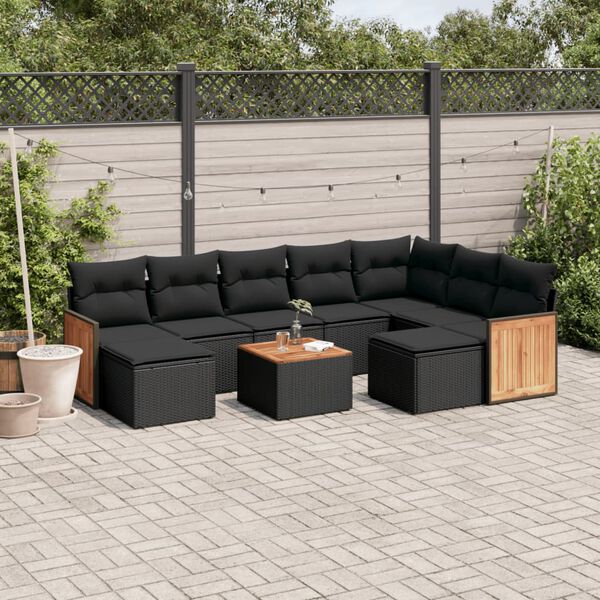 vidaXL 10-delige Loungeset met kussens poly rattan zwart