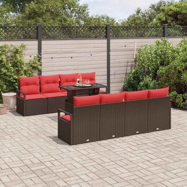 vidaXL Tuin Sofa Set met opslag 9 pcs Bruin en Rood poly rattan