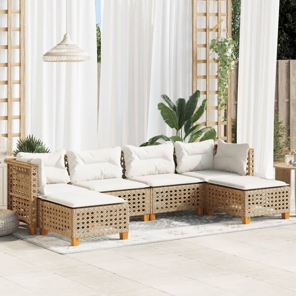 vidaXL 6-delige Loungeset met kussens poly rattan beige