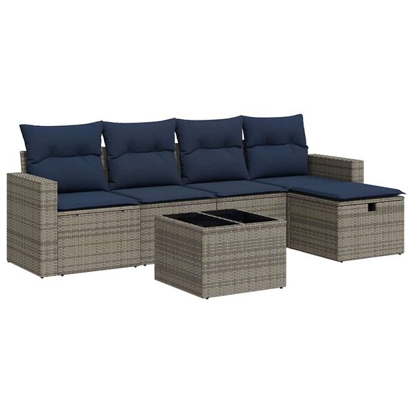vidaXL 6-delige Loungeset met kussens poly rattan grijs