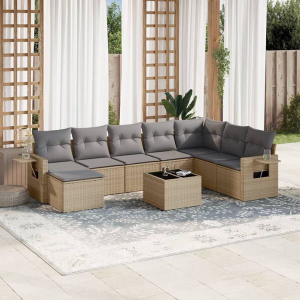 vidaXL 9-delige Loungeset met kussens poly rattan beige