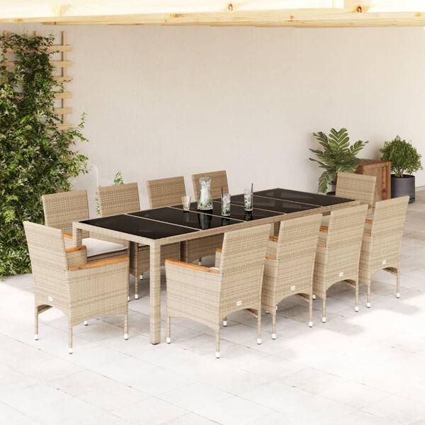 vidaXL 11-delige Tuinset met kussens poly rattan en glas beige