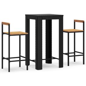 vidaXL 3-delige Tuinbarset poly rattan en massief acaciahout zwart