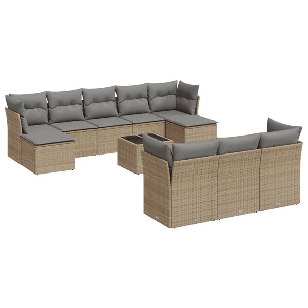 vidaXL 11-delige Tuinset met kussens poly rattan beige