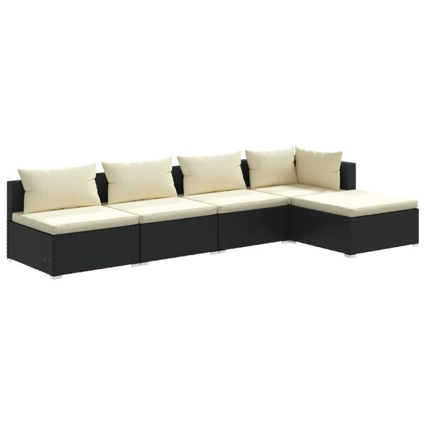 vidaXL 5-delige Loungeset met kussens poly rattan zwart