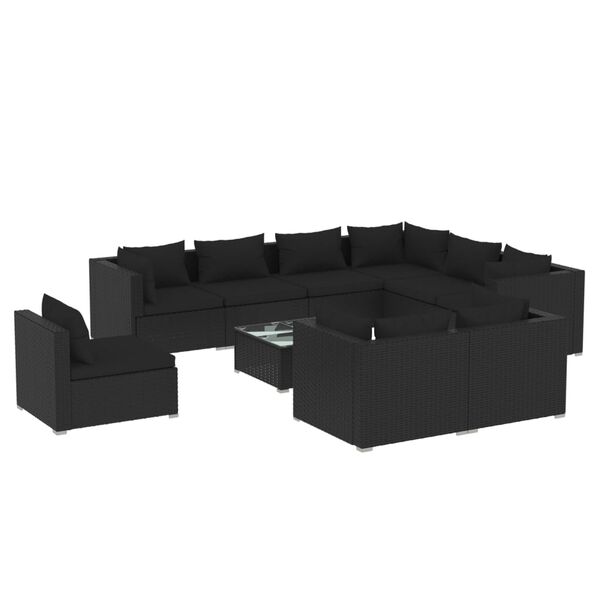 vidaXL 10-delige Loungeset met kussens poly rattan zwart