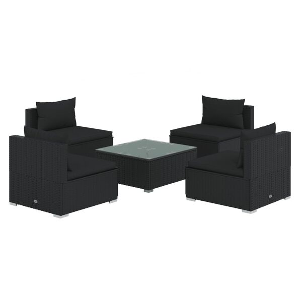 vidaXL 5-delige Loungeset met kussens poly rattan zwart