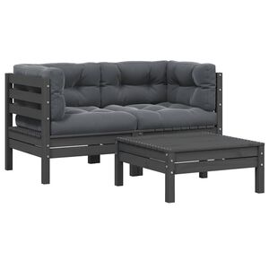 vidaXL 3-delige Loungeset met kussens massief grenenhout grijs