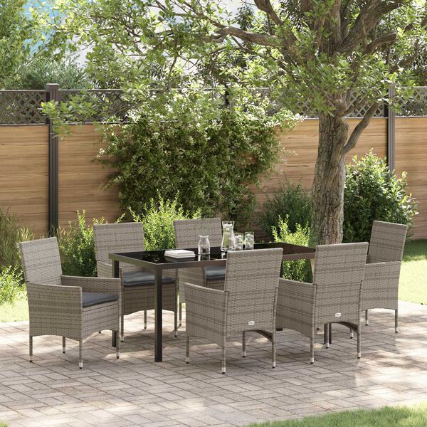 vidaXL Tuin eettafelset met kussen 7 pcs Grijs poly rattan