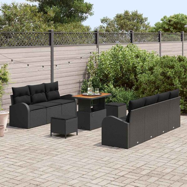 vidaXL Tuinbankenset met kussen 10 pcs Zwart poly rattan