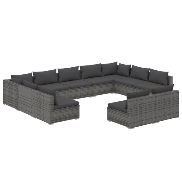 vidaXL 11-delige Loungeset met kussens poly rattan grijs