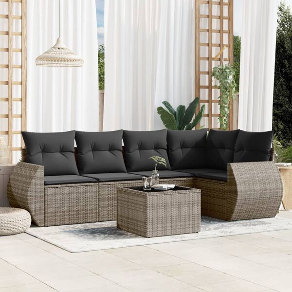 vidaXL 6-delige Loungeset met kussens poly rattan grijs