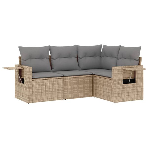 vidaXL 4-delige Loungeset met kussens poly rattan beige