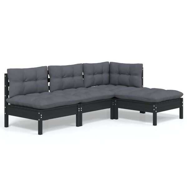 vidaXL 4-delige Loungeset met kussens grenenhout zwart