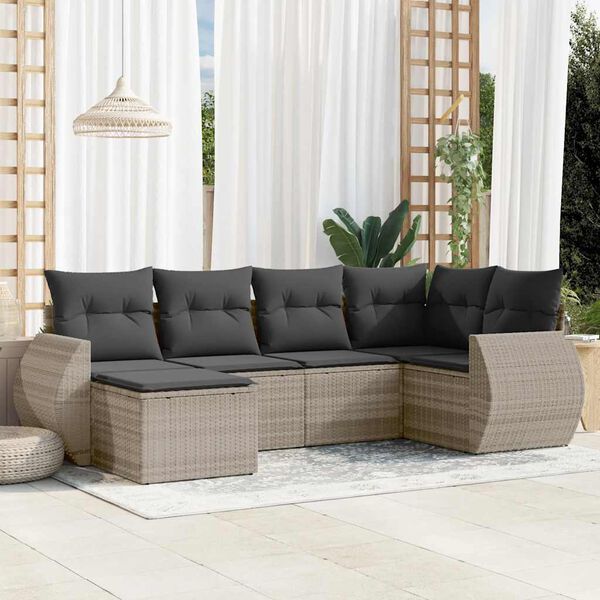 vidaXL 6-delige Loungeset met kussens poly rattan lichtgrijs