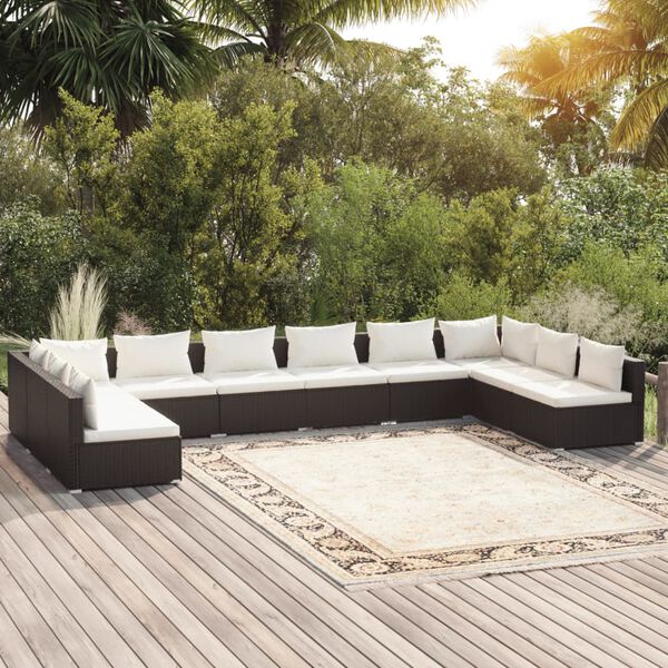 vidaXL 10-delige Loungeset met kussens poly rattan zwart