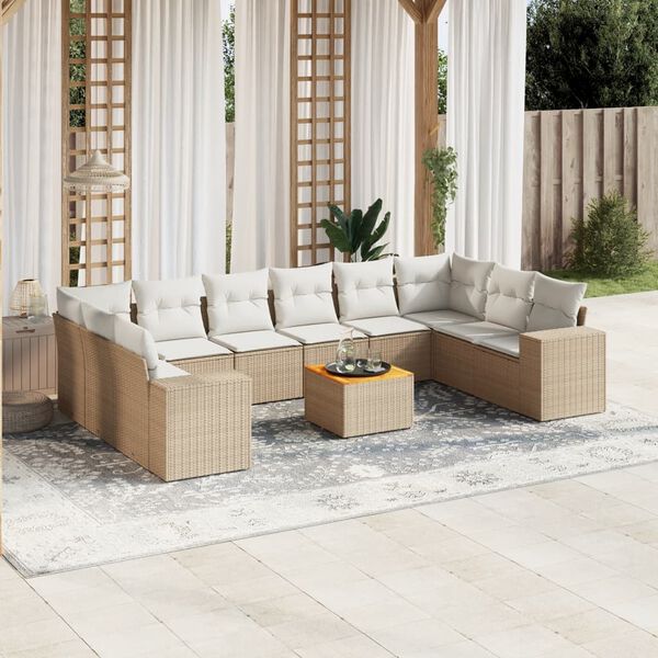vidaXL 11-delige Tuinset met kussens poly rattan beige
