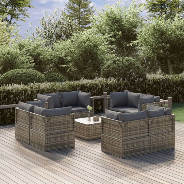 vidaXL 9-delige Loungeset met kussens poly rattan grijs