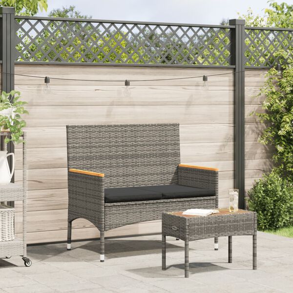 vidaXL Tuinbank 2-zits met kussens en tafel poly rattan grijs