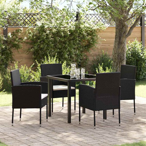 vidaXL Tuin eettafelset met kussen 5 pcs Zwart poly rattan