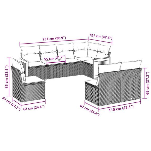 vidaXL 8-delige Loungeset met kussens poly rattan zwart