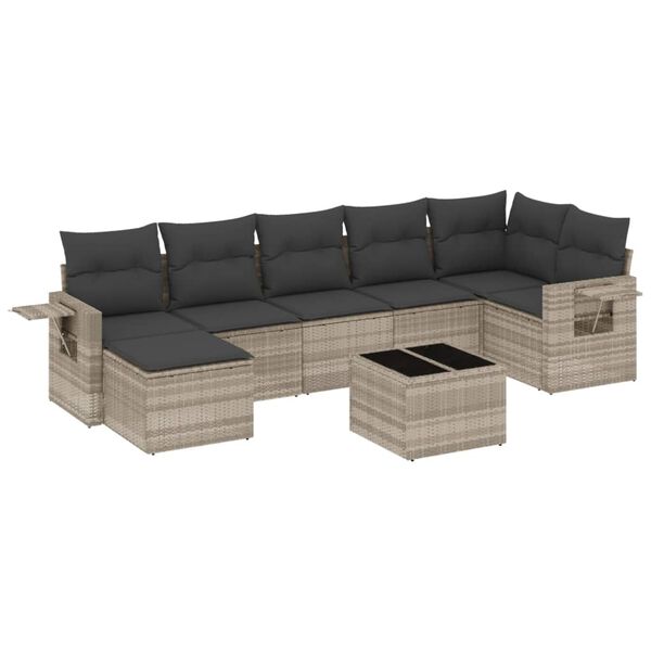 vidaXL 8-delige Loungeset met kussens poly rattan lichtgrijs