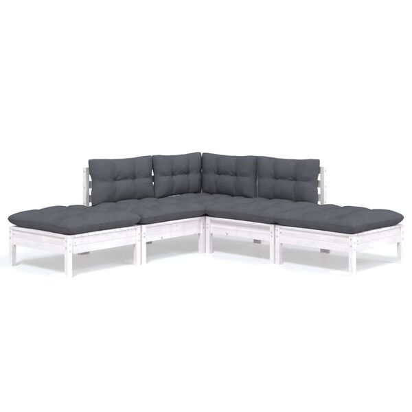 vidaXL 5-delige Loungeset met kussens grenenhout wit