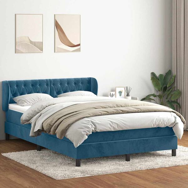 vidaXL Boxspring met matras fluweel donkerblauw 140x210 cm