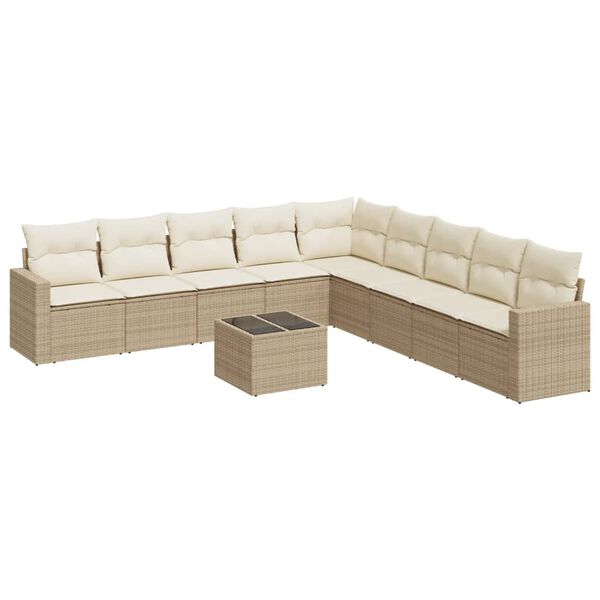 vidaXL 10-delige Loungeset met kussens poly rattan beige
