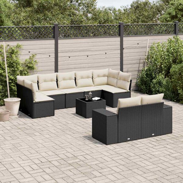vidaXL 10-delige Loungeset met kussens poly rattan zwart