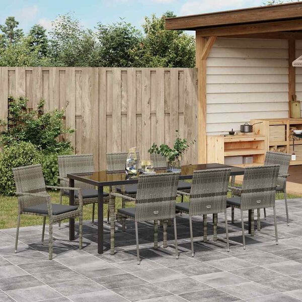 vidaXL Tuin eettafelset met kussen 9 pcs Grijs poly rattan