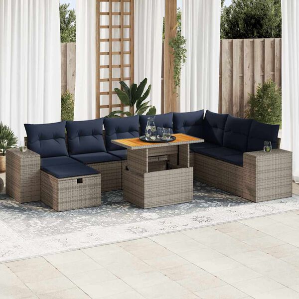 vidaXL 9-delige Loungeset met kussens poly rattan acacia grijs