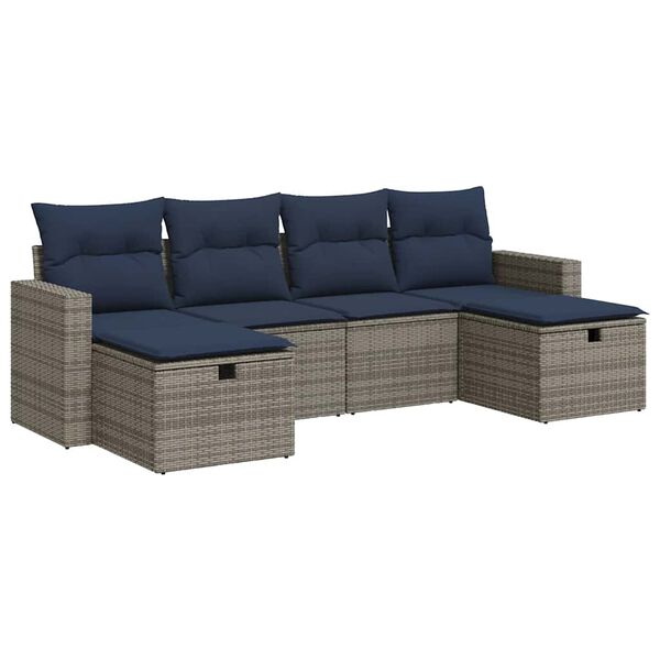 vidaXL 6-delige Loungeset met kussens poly rattan grijs