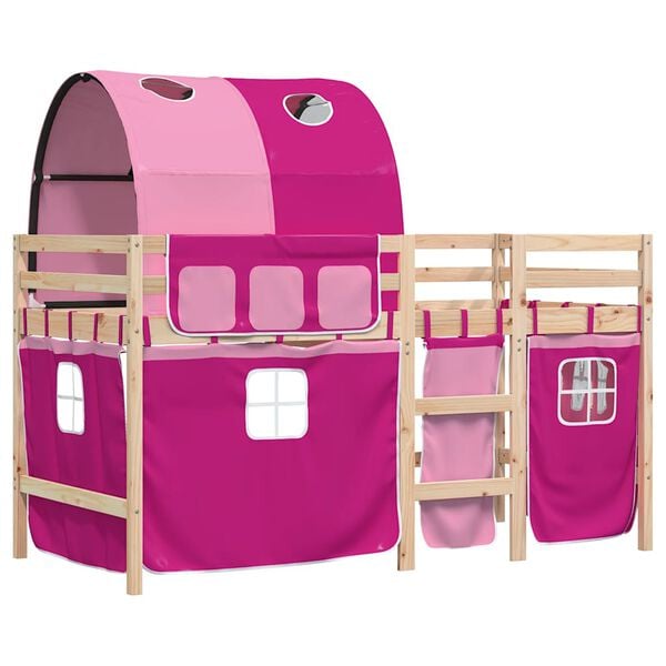 vidaXL Kinderhoogslaper met tunnel 90x190 cm massief grenenhout roze