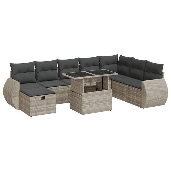 vidaXL 9-delige Loungeset met kussens poly rattan lichtgrijs
