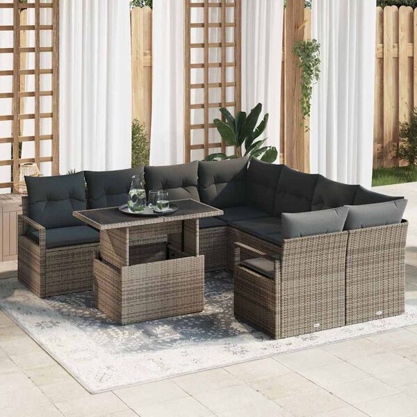 vidaXL Tuin Sofa Set met opslag met kussen 9 pcs Grijs poly rattan