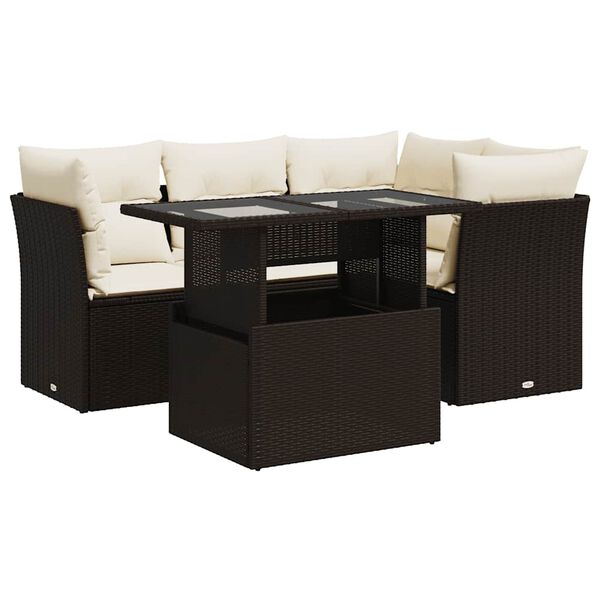 vidaXL 5-delige Loungeset met kussens poly rattan bruin