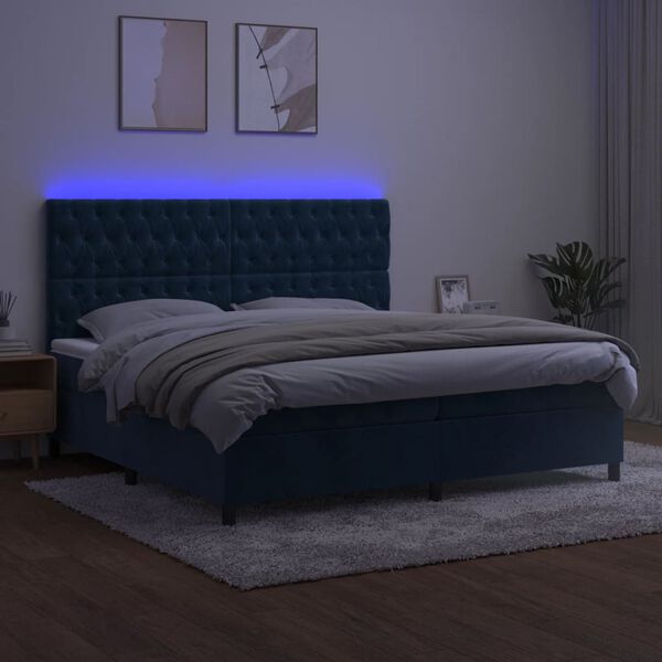 vidaXL Boxspring met matras en LED fluweel donkerblauw 200x200 cm