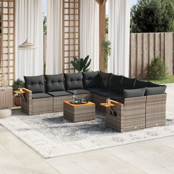 vidaXL 9-delige Loungeset met kussens poly rattan grijs