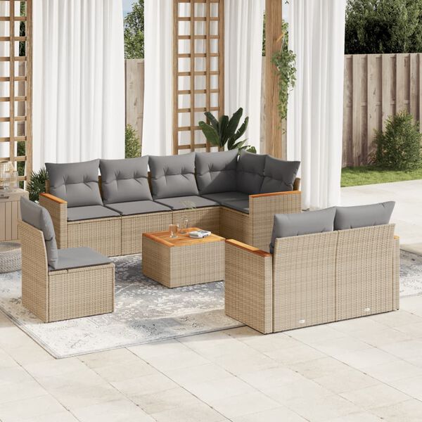 vidaXL 9-delige Loungeset met kussens poly rattan beige