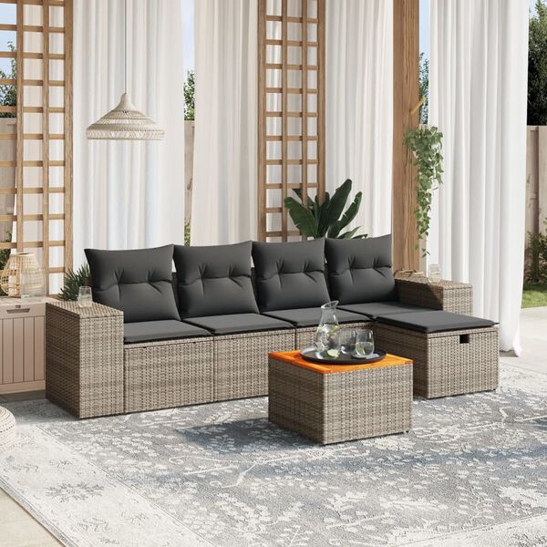 vidaXL 6-delige Loungeset met kussens poly rattan grijs