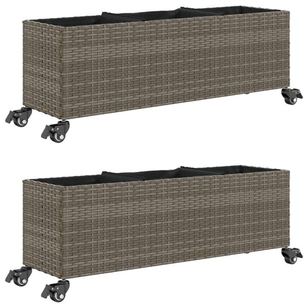 vidaXL Plantenbakken met wielen 2 st 107x32x38 cm poly rattan grijs